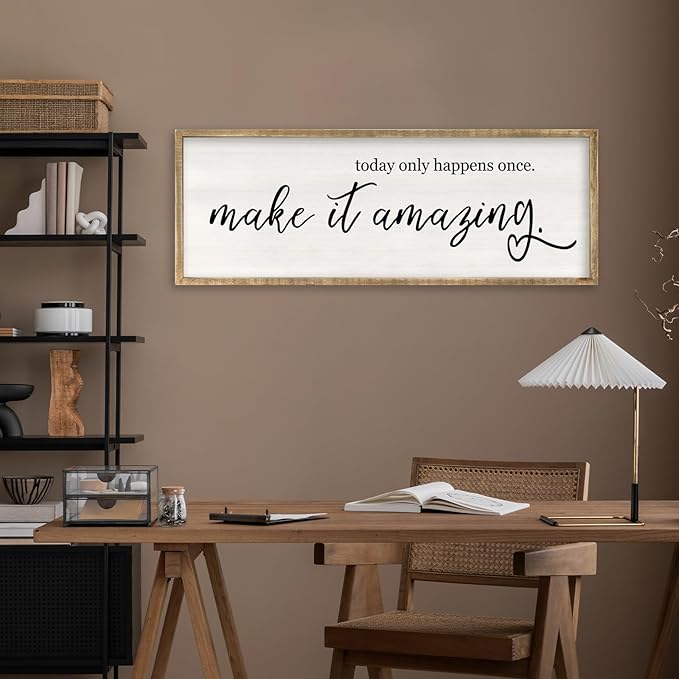 RLWangChao Today Only Happens Once Make It Amazing Wall Art Decor 40x15 Inch Large Inspirational Quote Sign Rustic Living Room Vintage Wood Frame Office Motivational Home Wall Hanging (Wood)