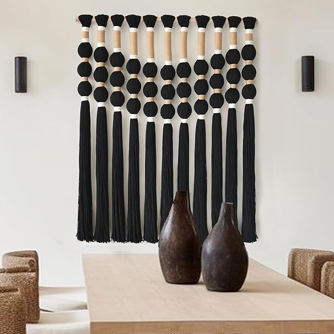 Macrame Wall Hanging Boho Wall Decor Black Fiber Yarn Wall Art Handmade Cotton Spherical Knot for Living Room Bedroom Nursery Office Home Decor27" W x 33" L