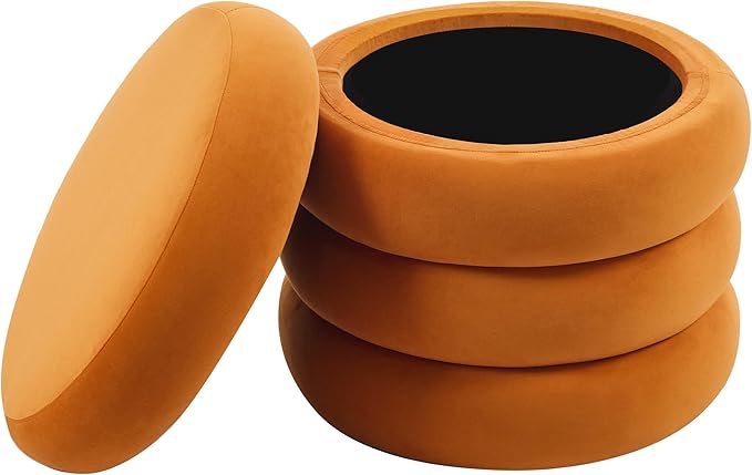 ONEVOG Round Storage Ottoman, 20" Small Ottomans Table with Removable Lid, Velvet Fabric Soft Footrest Stools for Couch, Upholstered Stuffed Circle Seat for Living Room/Bedroom/Dorm/Vanity, Orange