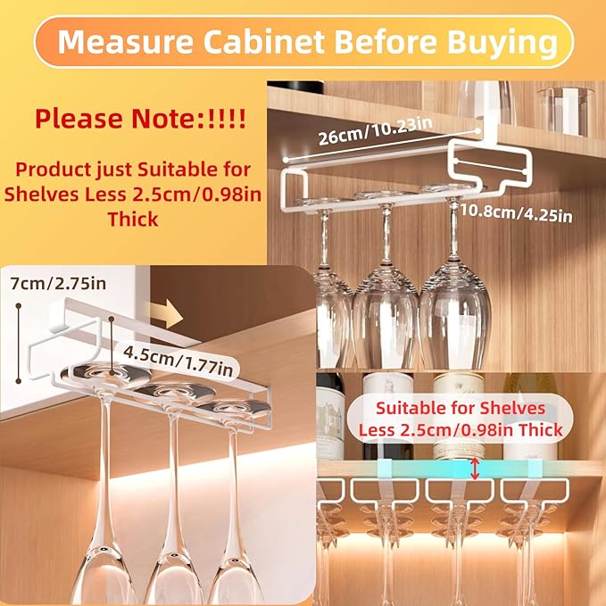 LINFIDITE 2 Pack Wine Glass Holder Stemware Rack Hanger Under Cabinet Wine Glass Rack Kitchen Hanging Storage Rack Organizer,White