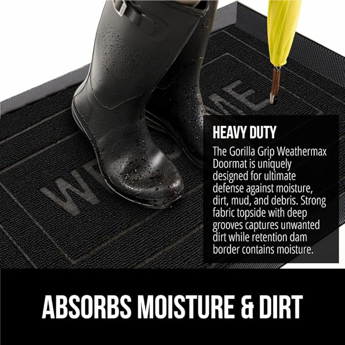 GORILLA GRIP 100% Waterproof All-Season WeatherMax Doormat, 47x35, US Designed Natural Rubber, Stain and Fade Resistant, Low Profile Indoor Outdoor Door Mats, Easy Clean Patio Mat, Black Welcome