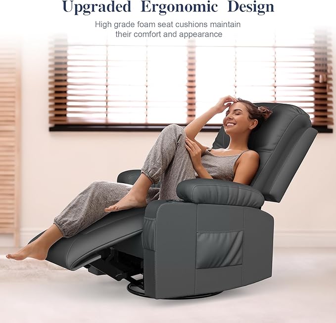 Recliner Chairs for Adults, Massage Rocker with Heated Modern Ergonomic Lounge 360 Degree Swivel Single Sofa Seat Living Room Lounge Recliners Gray