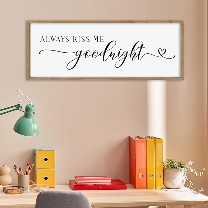 comurdyo Always Kiss Me Goodnight Sign for Bedroom Above bed Wall Decor 40''×15'' Large Wood Frame For Couples Over Bed Hanging Wall Art (Wood)