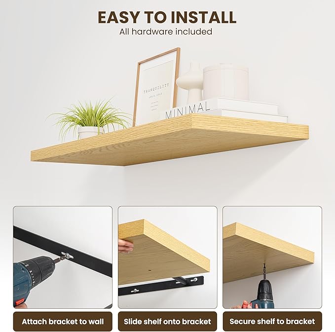 24" Floating Shelves for Wall, 12" Deep Slim Oak Floating Shelves, Wall-Mounted Shelves for Bedroom, Living Room, Kitchen, Bathroom - Set of 2