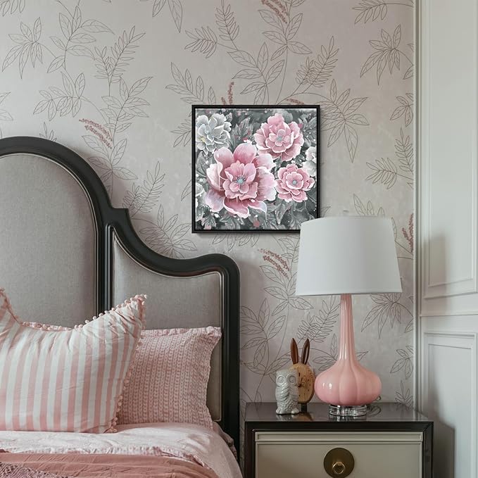 Pink Wall Art Bathroom Décor Modern Framed Floral Wall Picture Black and White Artwork Peony Flower Canvas Print for Bedroom Office Dining Room Décor Small