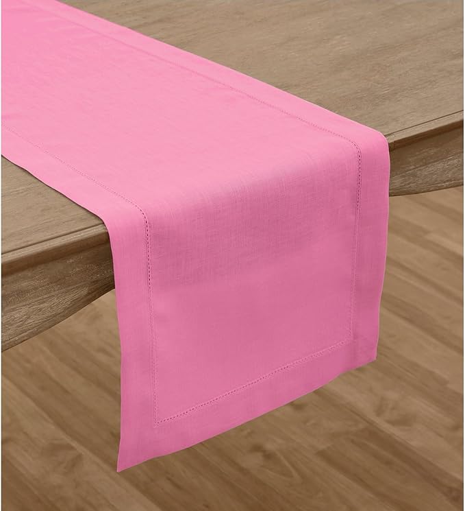 Solino Home Linen Flamingo Pink Table Runner 132 Inches Long - 100% Pure Linen Extra Long Table Runner 14 x 132 Inch for Halloween - Classic Hemstitch