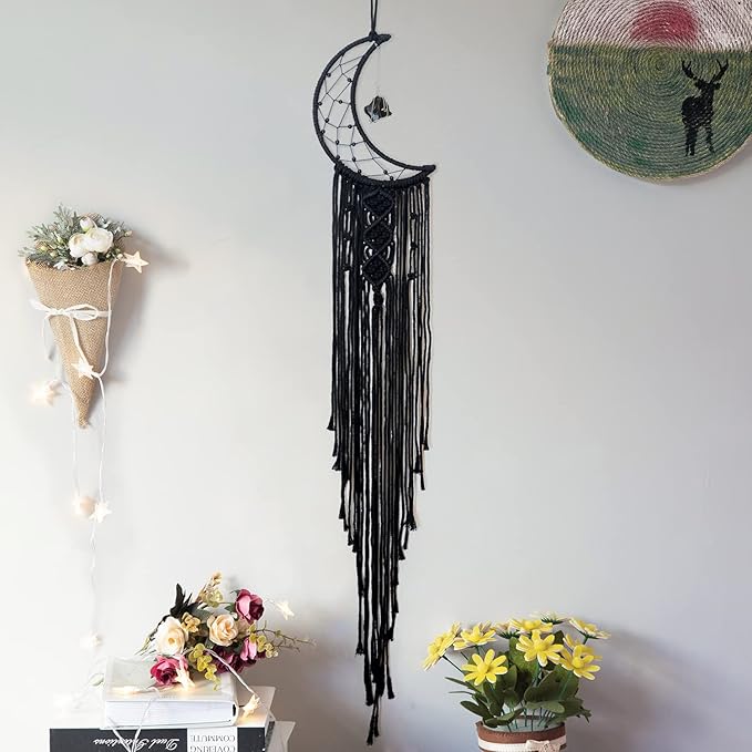 MOONFLY Black Moon Dream Catcher with Handmade Crystal Stone Design Woven Cotton Dream Catchers Boho Macrame Wall Hanging Home Decoration Ornament Craft Gift (Black Crystal Stone Moon)