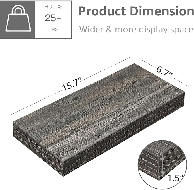QEEIG Floating Shelves for Wall Bathroom Shelf Bedroom Kitchen Living Room Hanging Book Shelves Small Farmhouse Decor 16 inch Set of 3, Grey (015-GY3)