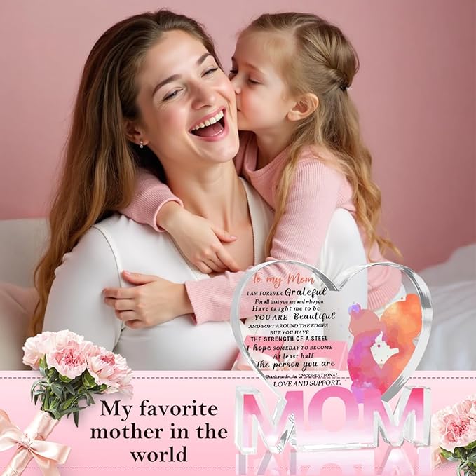 Mothers Day Gifts Best Mom Gifts -Gifts for Mom from Daughter Son - Best Mom Ever Gifts Unique Mother Birthday Acrylic Heart-Shaped Plaque Desk Decorations Present for Mom Christmas Anniversary