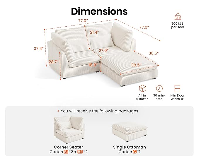 Oversized Modular Sofa, Extra Deep Cloud Corduroy Sectional Couch with Ottoman Chaise, Fluffy Chenille Loveseat L Sofa for Living Room, Villa (Loveseat+Ottoman, Corduroy White)