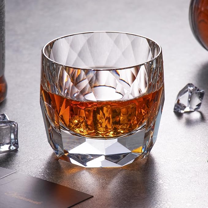 KAMMAK Crystal Whiskey Glasses Set of 2, 7.1oz Old Fashioned Glasses Stemless, Hand Blown White Cocktail Glasses, Luxury Handcrafted Cut Ice Ball Cup for Women, Perfect Men Gift for Bourbon