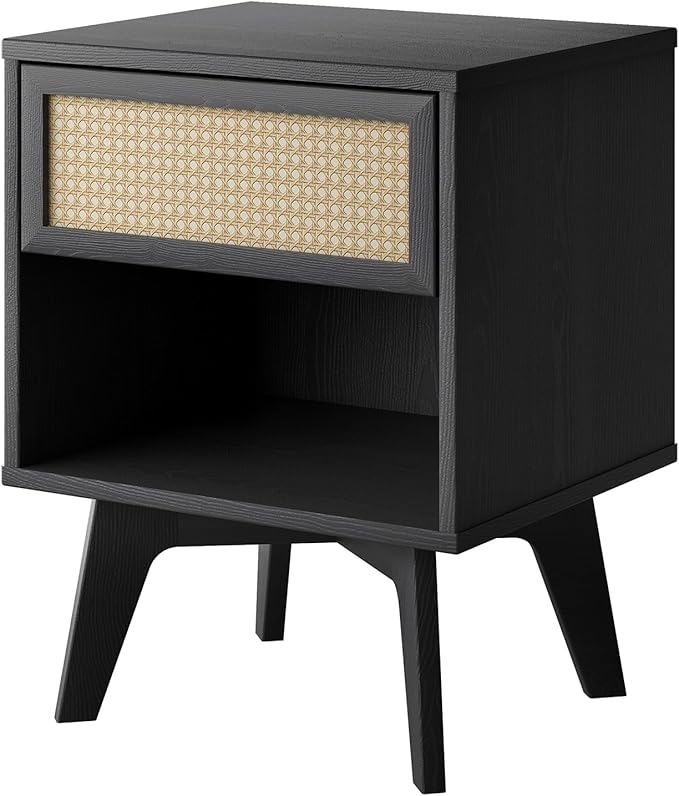 MUSEHOMEINC Nightstand, Boho Bedside Table with Rattan Drawer Open Shelf, Black Wooden Night Stand with Storage, Mid Century Modern End Table for Bedroom, Living Room,Dorm and Small Spaces