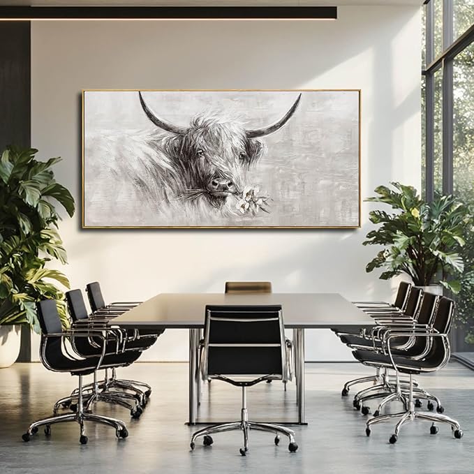 Farmhouse Decor Framed Wall Animal and Flower Artwork Grey Vintage Cow Wall Art with Frame for Living Room Bedroom Dining Room Office 29x58 Inch