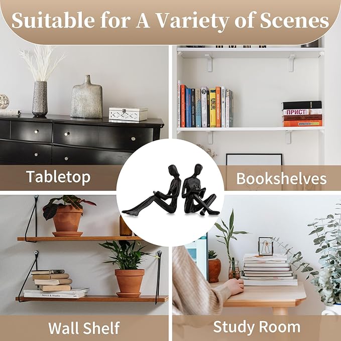Sziqiqi Book Ends for Shelves Decorative - Cast Iron Bookends for Books Reading Couple Bookshelf Decorative Objects Metal Modern Statue Sculpture Gift for Readers Book Lovers Nerd