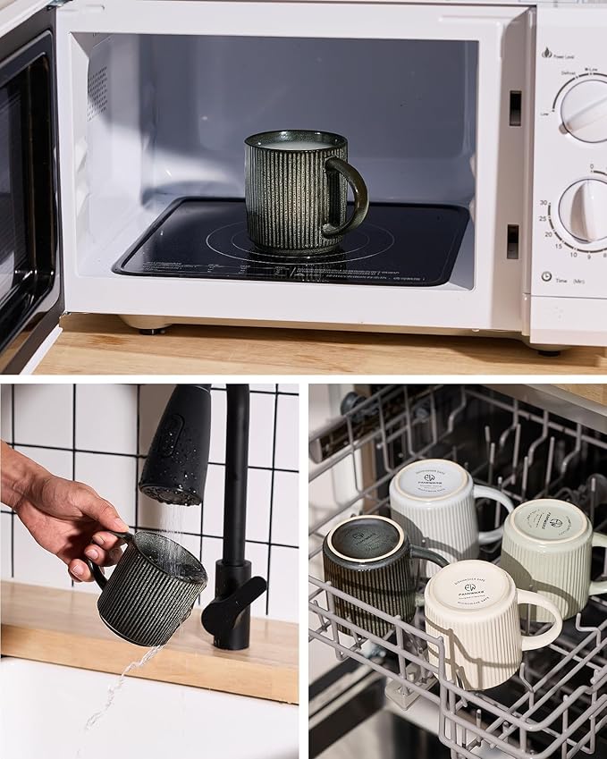 famiware Coffee Mug Set for 6, Star 12 oz Catering Mugs Cup Set with Handle for Coffee, Tea, Cocoa, Milk - Ceramic Stoneware Drinkware Set, Deep Forest