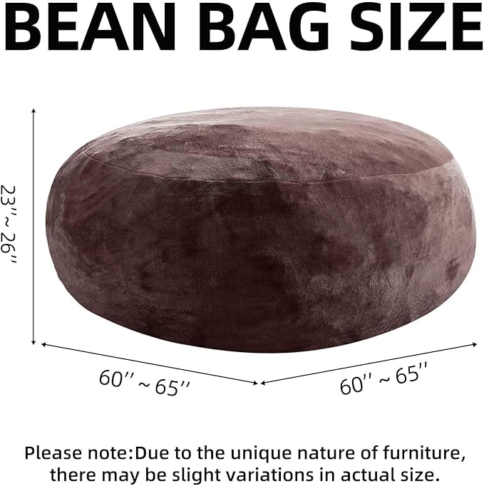 Bean Bag Chair 5Ft, Memory Foam Filled, Large Beanbag Chairs for Adults and Teens, Soft Sofa with Removable Flannel Cover, Round Couch for Living Room Bedroom College Dorm (Brown, 5FT-60×60"×24")