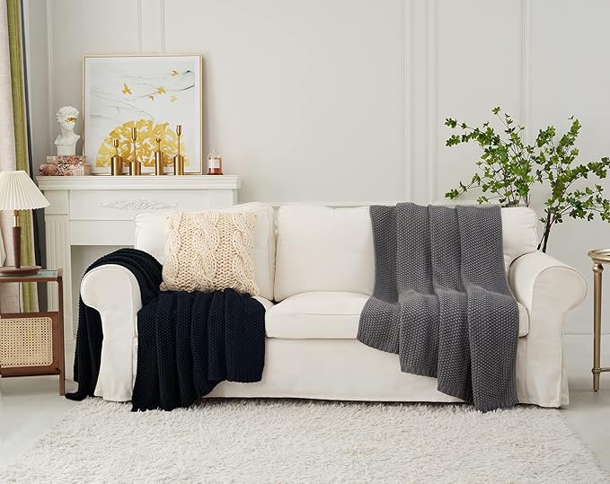 Longhui bedding Chunky Cable Knit Throw Blanket Lightweight Grey 100% Organic Cotton Blanket for Sofa Couch Bed Baby Nursery, Rustic Shabby Chic Modern Farmhouse, Gray 51” x 63” Give Laundering Bag