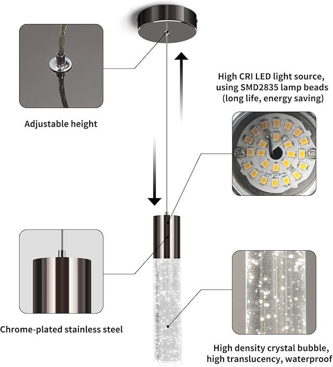 OKELI Modern Pendant Lights, LED Bubble Crystal Kitchen Island Lights Fixtures, Black Mini Single Pendant Lighting for Kitchen Island Bar,6W,6000K, ETL,3Pack