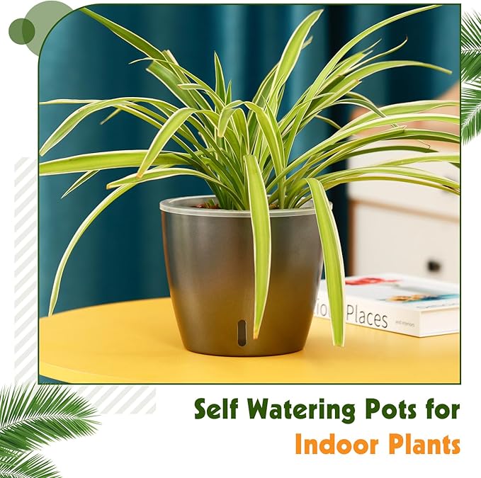 Self Watering Pots for Indoor Plants, 6-Pack 6.7'' Self Watering Planter with Drainage Holes, Small African Violet Pots with Water Indicator, Clear Wick Orchid Pot, Grey