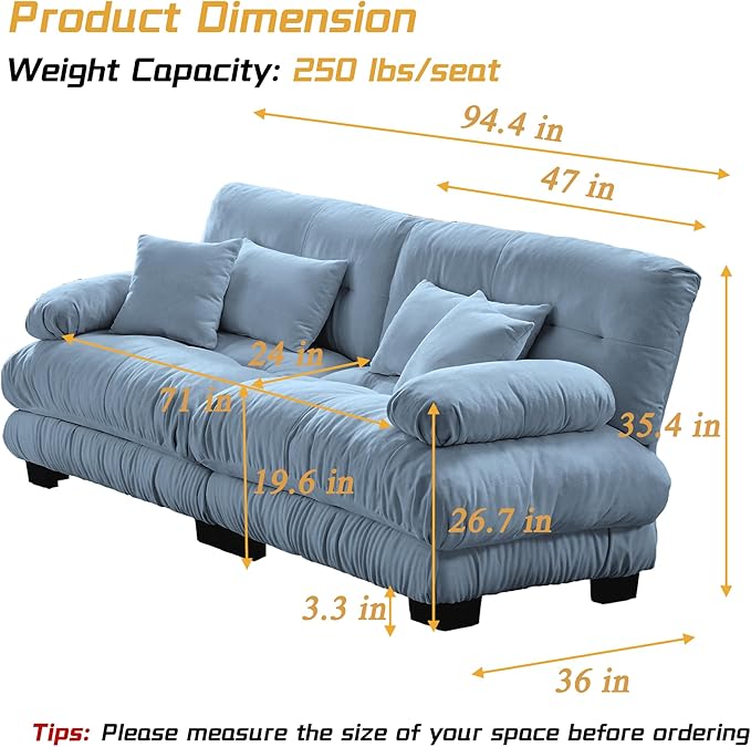 Modular Sectional Sofa, Comfy Cloud Couch Oversized Loveseat, Sectional Couches for Living Room, Modern Chenille Couch for Bedroom, Sleeper Deep Seat Sofa with Throw Pillows, Blue