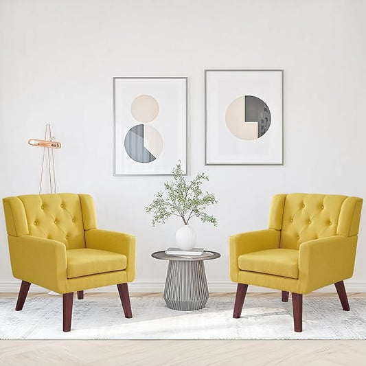 Accent Chairs Set of 2, Button-Tufted Upholstered Living Room Chairs Set of 2, Comfy Reading Chair Mid Century Modern Chairs with Linen Fabric Lounge Arm Chairs for Bedroom (Bright Yellow)
