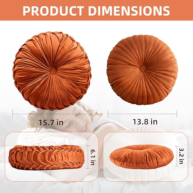 2 Pcs Round Throw Pillows Pleated Velvet Pumpkin Round Pillows Floor Cushion for Living Room Couch Chair Bed Sofa 15.7"x15.7"/13.8" x 13.8"