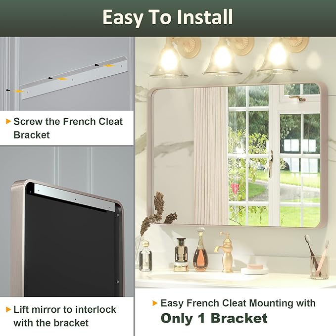 55 x 36 Inch Metal Framed Bathroom Mirror for Wall, Purple Gold Bathroom Vanity Mirror with Ribbed Texture Frame Modern Minimalist Large Rectangle Wall Mounted Mirror (Horizontal/Vertical)