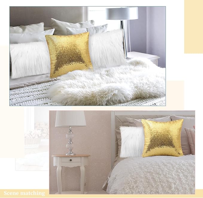Irenare 4 Pcs Sequin and Fluffy Pillow Covers Winter Throw Pillow Cases Soft Cushion Cover for Couch Bed Sofa Xmas Day(18 x 18 Inch, 12 x 20 Inch,White, Gold)