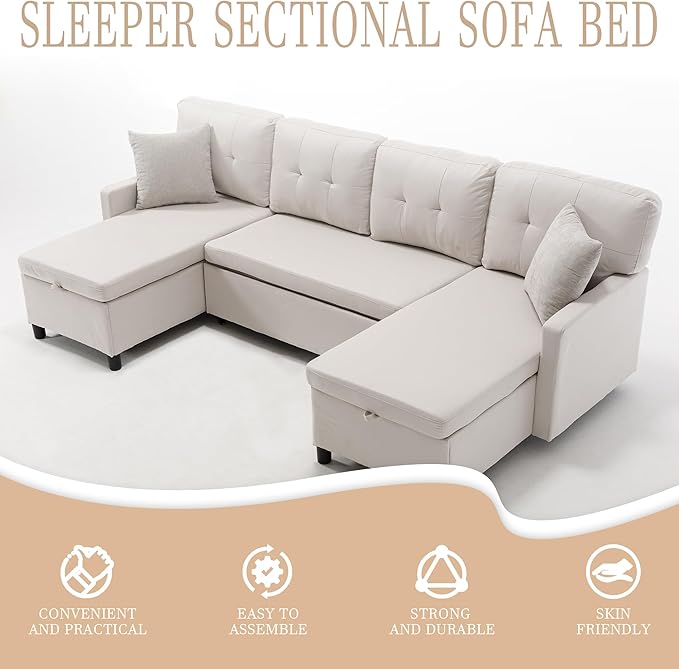 Pull Out Couch, Oversized Sleeper Sofa Couch, Sectional Sleeper Sofa Bed for Living Room Bedroom Lounge (Beige, 110 Inch)