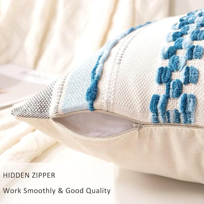 Boho Throw Pillow Covers 18x18 Set of 2 Farmhouse Decorative Cushion Case Striped Square Pillows Cover Chenille Pillow Cases Accent Neutral Pillowcase for Sofa Couch Bed,Sky Blue