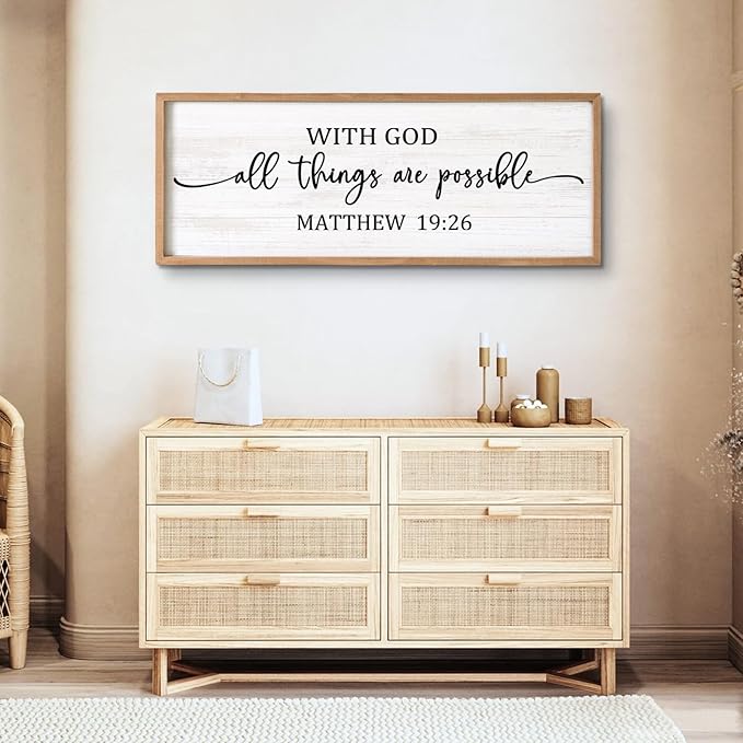 With God All Things are Possible Framed Wall Art, 40''×15'' Positive Religious Rustic Bible Verse for Christian God Jesus Christ Prayer, Vintage Horizontal Holy Inspirational Catholic Scripture Decor