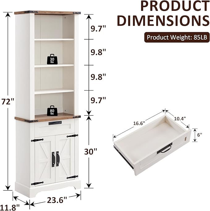 OKD 72'' Tall Bookshelf with Storage, Farmhouse 4 Tier Bookcase with Barn Door, Adjustable Shelves and Drawers, Rustic Wooden Office Bookshelves for Home Bedroom, Living Room, Library Antuique White