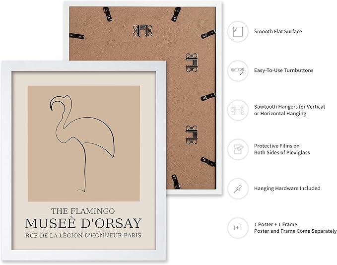 Poster Master Vintage Poster - Retro Minimalist Print - Gift for Artist, Housewarming - Flamingo, Line Drawing, Sketch, Abstract - Wall Decor for Living Room, Bedroom, 16x20 White Framed