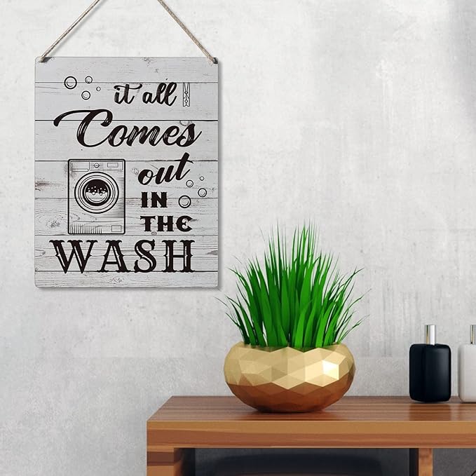Qious Laundry Sign Gift Farmhouse It All Comes Out in the Wash Wooden Hanging Sign Plaque Rustic Wall Art Decor for Home Laundry Decoration 10 x 8 Inches