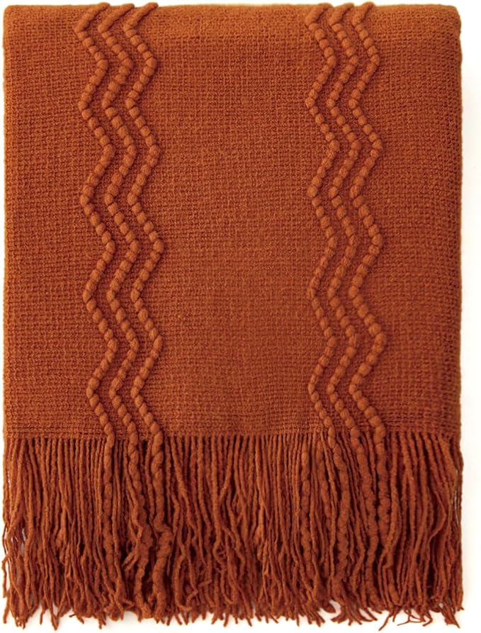MIULEE Fall Rust Knitted Throw Blanket for Couch Boho Terracotta Textured Cozy Woven Blanket with Tassels for Sofa Chair Bed Living Room Acrylic Wave Pattern 60"x80"