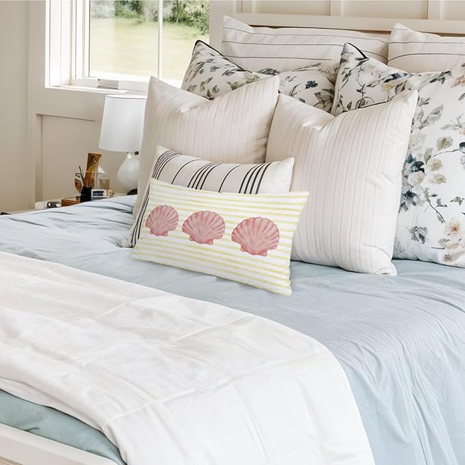 Coastal Girly Room Decor 12x20 Pillow Cover, Preppy Beach Pink Seashell Yellow Striped Decorative Lumbar Pillow Covers for Girls Bedroom College Dorm Sofa Couch