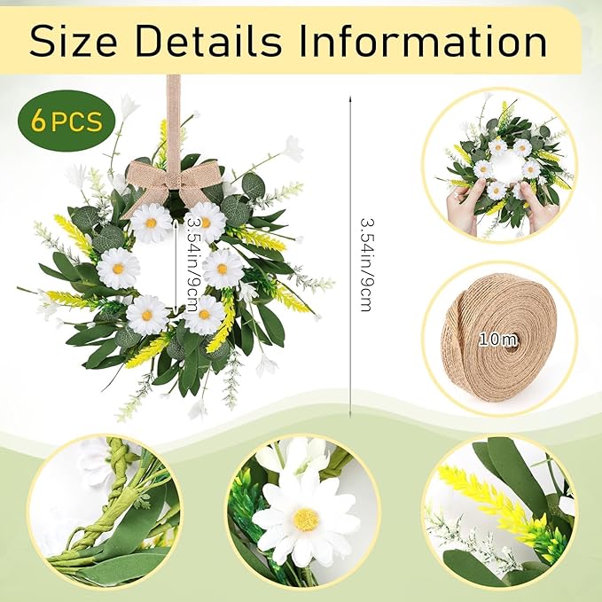 6 Pcs Artificial Spring Summer Swag Wreaths Mini White Daisy Floral Wreath Farmhouse Kitchen Cabinet Wreath Hanging Flowers Wreaths for Front Door Indoor Outdoor Home Decor Festival Celebrations