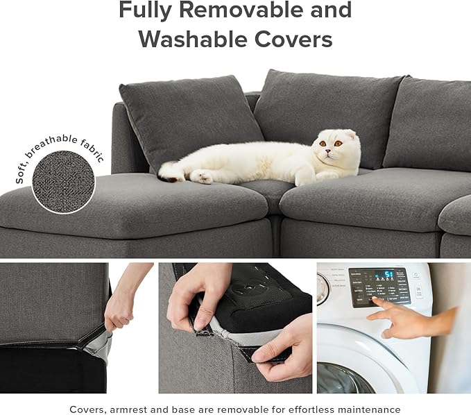 mopio Oversized Modular Sectional Sofa with Fully Removable Covers and Storage, Convertible U, L-Shaped and Sleeper Sectional, Modern Couches with Ottoman Chaise (Stone Gray Fabric, Loveseat)