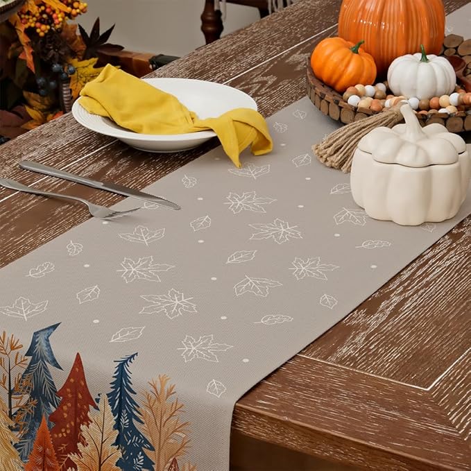GEEORY Fall Watercolor Trees & Maple Leaves Table Runner 13x72 Inch, Rustic Farmhouse Autumn Thanksgiving Decor for Kitchen, Dining, Indoor/Outdoor Holiday Dinner Party Orange Grey GT159-72