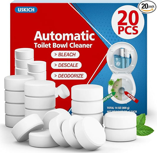 USKICH Toilet Bowl Cleaner Tablets 20 PACK, Bathroom Automatic Toilet Tank Cleaners with Bleach, Slow-Releasing Household Toilet Cleaners for Deodorizing, Descaling, against Tough Stains