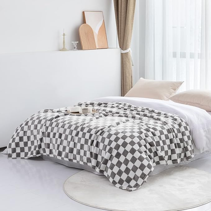 LOMAO Throw Blankets Flannel Blanket with Checkerboard Grid Pattern Soft Throw Blanket for Couch, Bed, Sofa Luxurious Warm and Cozy for All Seasons (Grey, 50"x60")