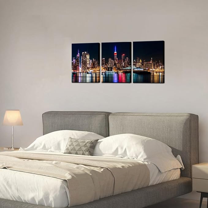 Biuteawal New York City Canvas Wall Art Manhattan Skyline Night View Picture Painting Modern Giclee Canvas Prints Home Office Living Room Wall Decoration