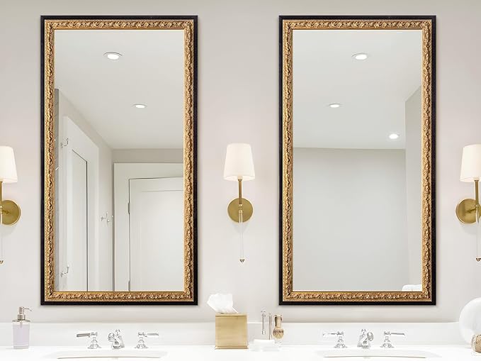 51.5”x28” Black Large Vintage Mirror, Ornate Baroque Decorative Mirror, Gold Foil Carvings Wooden Frame, Handmade Aging, for Dining Room, Fireplace, Bathroom and Bedroom