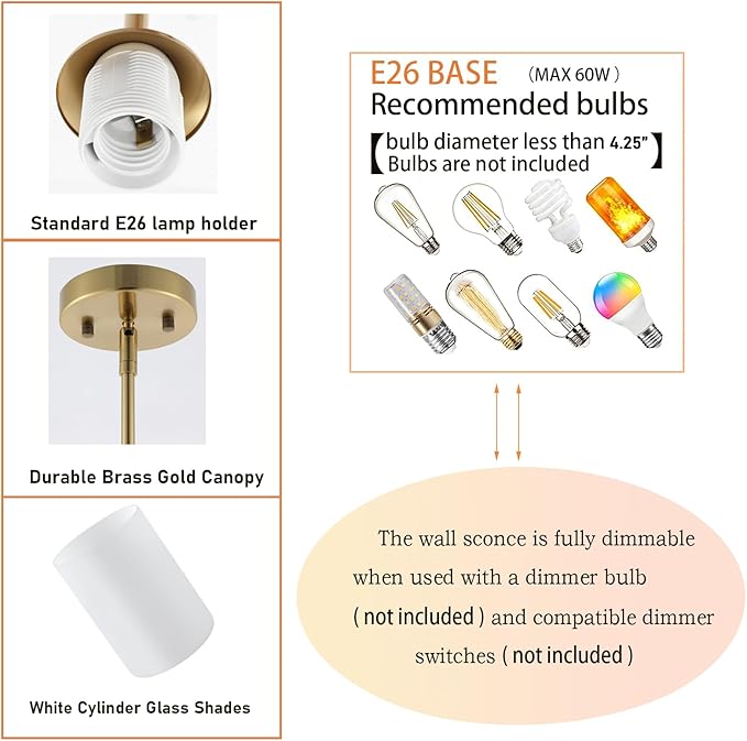 Modern Gold Pendant Light Brushed Brass Mid Century Chandelier White Cylinder Glass Shades Adjustable Rods Farmhouse Ceiling Hanging Lighting Fixture Kitchen Island Dining Room Bedroom