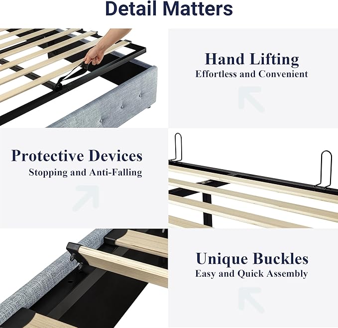 Allewie Full Size Lift Up Storage Bed, Button Tufted Headboard with Wingback, Hydraulic Support, No Box Spring Needed, Grey Blue