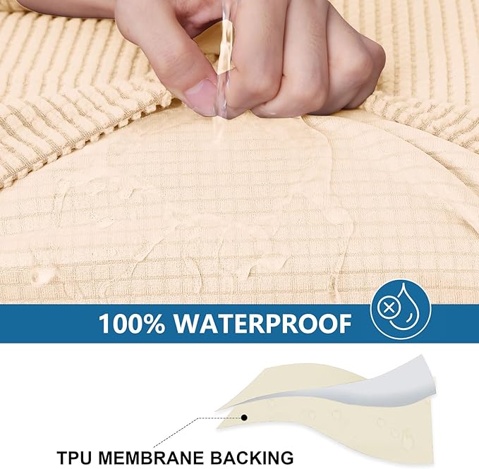 hyha Waterproof Sectional Couch Covers, Non Slip Sofa Couch Cushion Covers L Shape, Thick Stretch Jacquard Fabric, Washable Sofa Slipcovers with Elastic Bottom (1 Piece for Chaise XL, Beige)