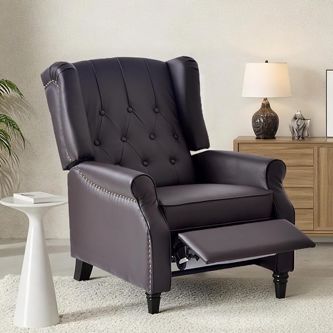 Softa Recliner Chair for Adults, Mid Century Wingback Pushback Accent Chair with Rivet Decoration, Tufted Upholstered Single Sofa Armchair for Living Room, Bedroom, Study (PU, Brown)