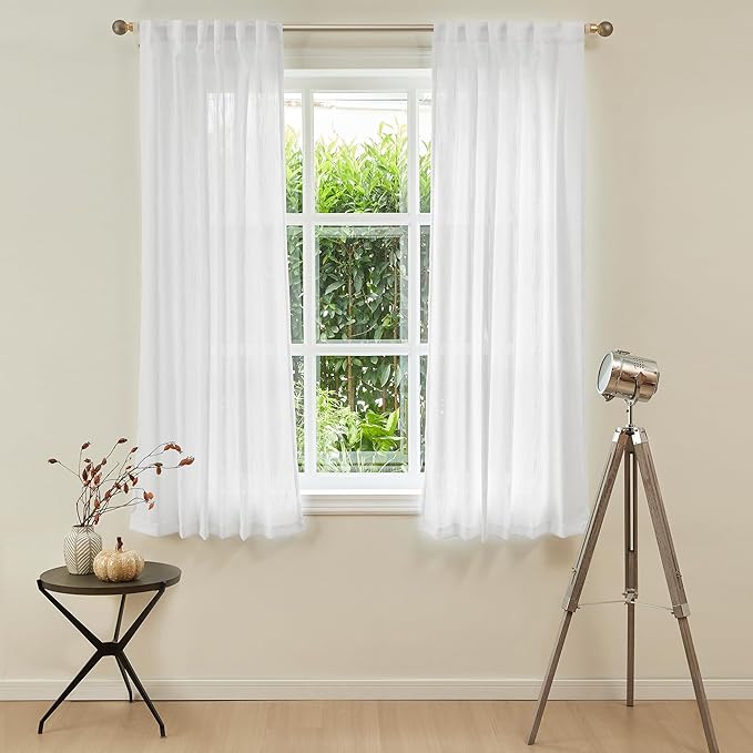 MYSKY HOME Short Curtains for Bedroom Small Windows, Light Filtering Sheer Drapes Boho Decor Country Style Kitchen Bathroom Panels Set, Light Filtering Privacy Blind, 50x54, White, 2 Pieces