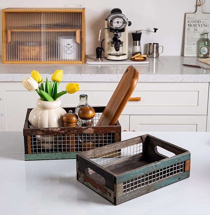 TIMRIS Set of 2 Rustic Wooden Countertop Baskets, Farmhouse Distressed Nesting Boxes, Small Decorative Wooden Storage Crates, Reclaimed Wood Organizer Baskets with Wire Mesh (Random)