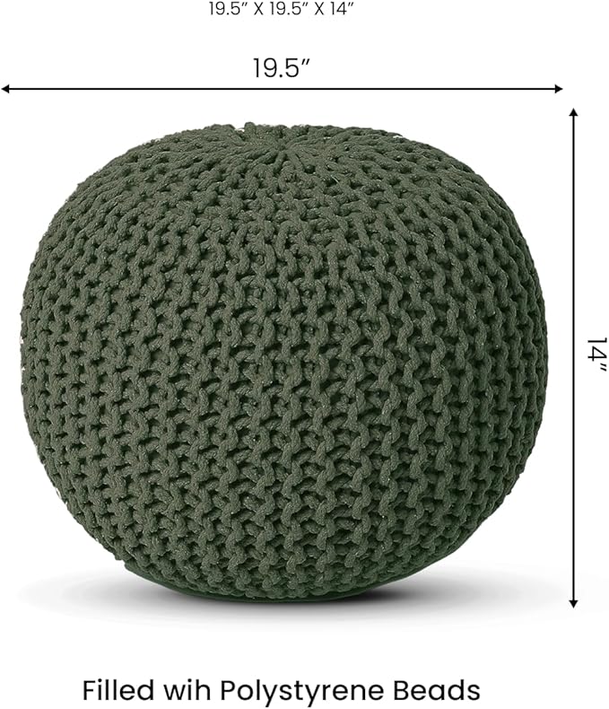 REDEARTH Round Hand Knitted Pouf - Foot Stool Bean Bag Ottoman - Cord Boho Pouffe - Poof Accent Beanbag Footrest for Living Room - Bedroom - Patio - Lounge (19.5"x19.5"x14") - Olive